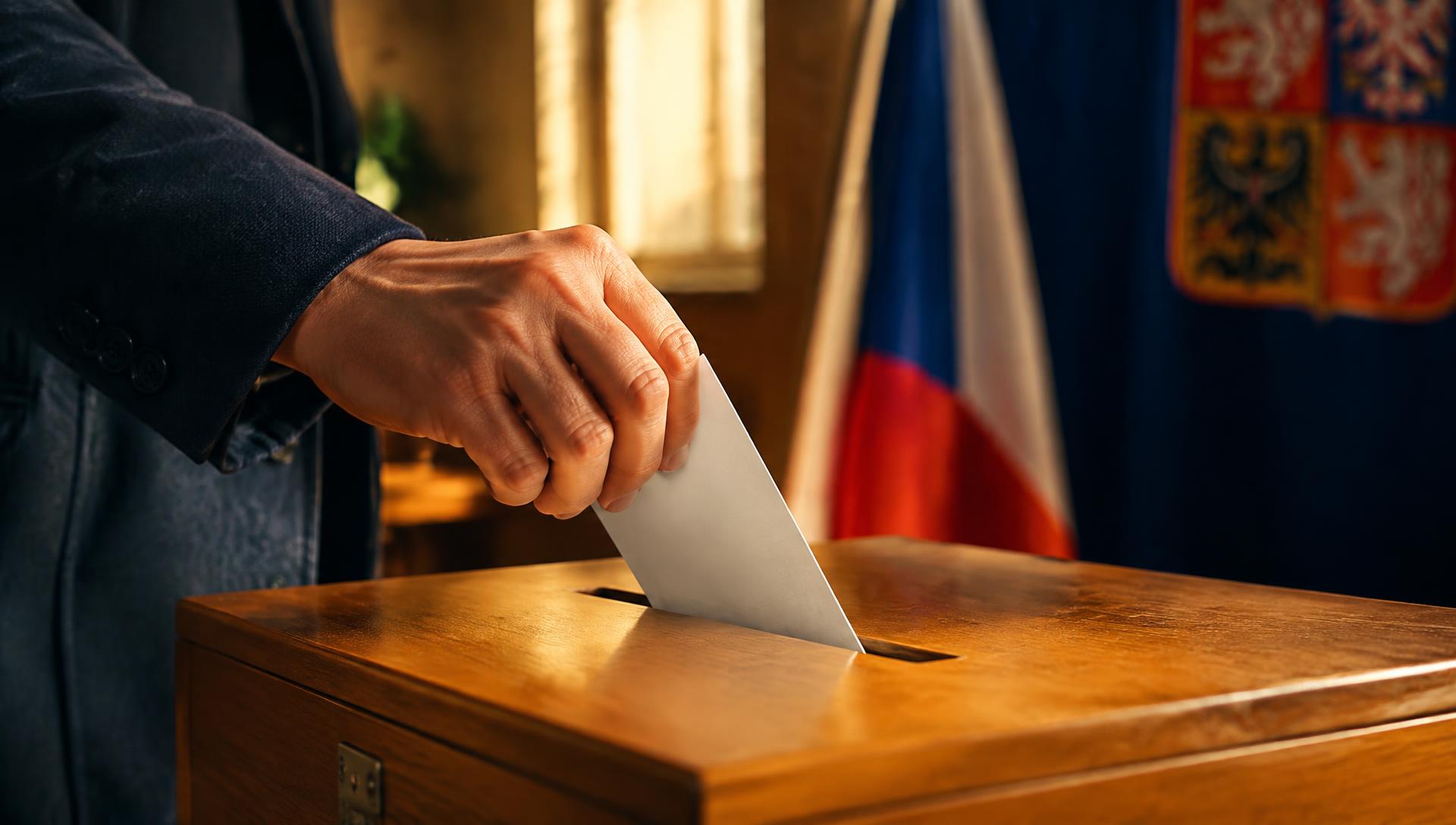 Ruka vhazuje volební lístek do dřevěné volební urny